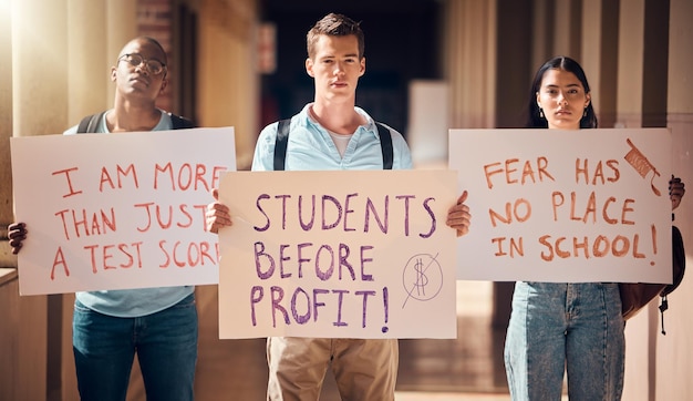 Students protesting for and against affirmative action outside of a university campus, holding signs with slogans representing both sides of the debate.